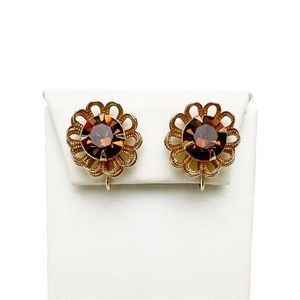 Vintage Sarah Coventry Amber Topaz Crystal Flower Goldtone Clip On Earrings
